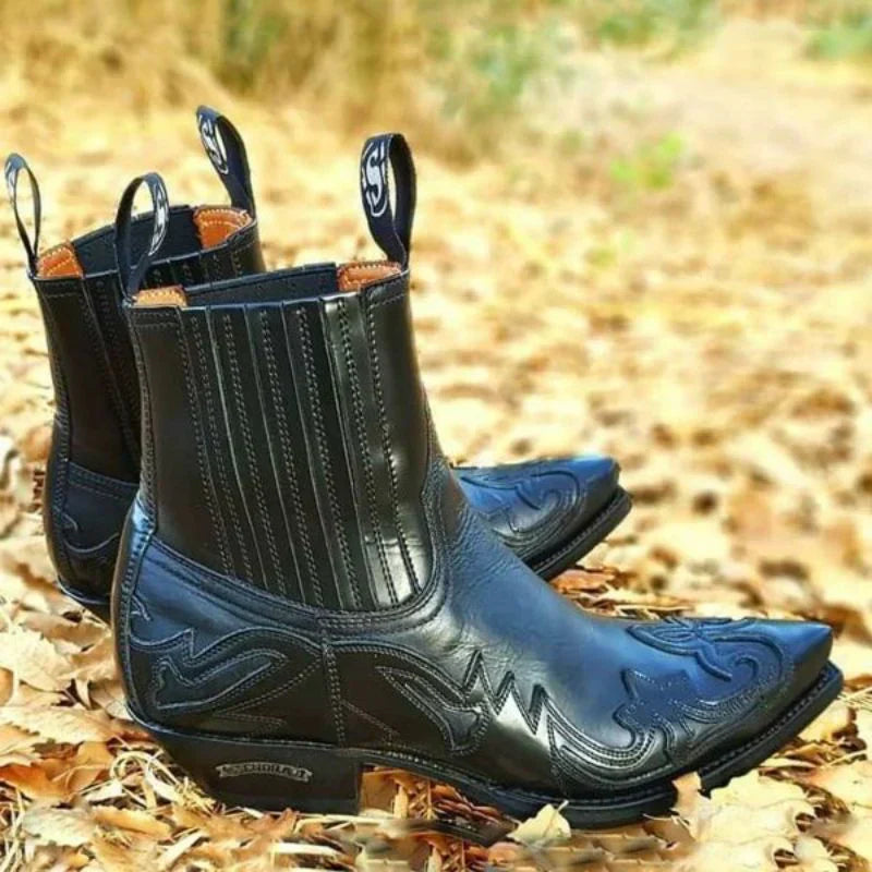 Men's Western Cowboy Boots with Decorative Stitching and Cushioned Insole