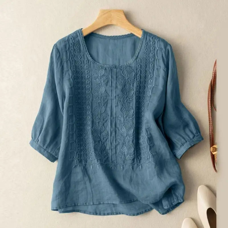 Embroidered Blouse with Relaxed Fit and Classic Collar, Long Sleeves
