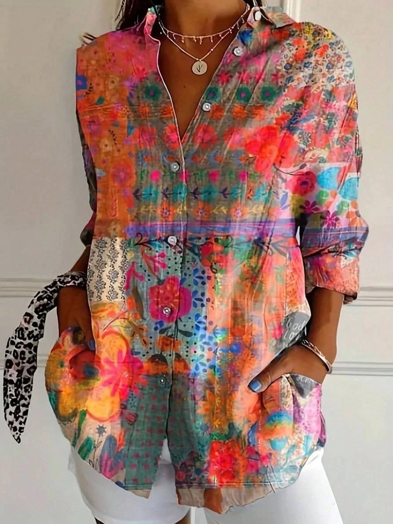 Relaxed Fit Blouse with Vibrant All-Over Print and Long Sleeves