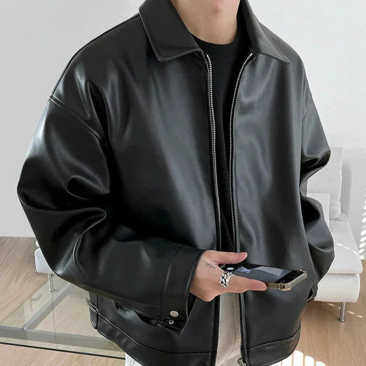 Oversized Leather Bomber Jacket with Soft Lining and Boxy Fit, for Men