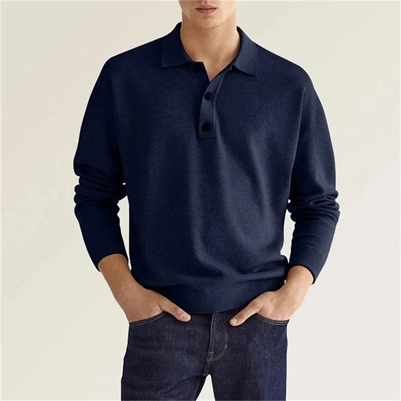 Men's Long Sleeve Polo Shirt with Soft Knit Fabric and Relaxed Fit, Machine Washable