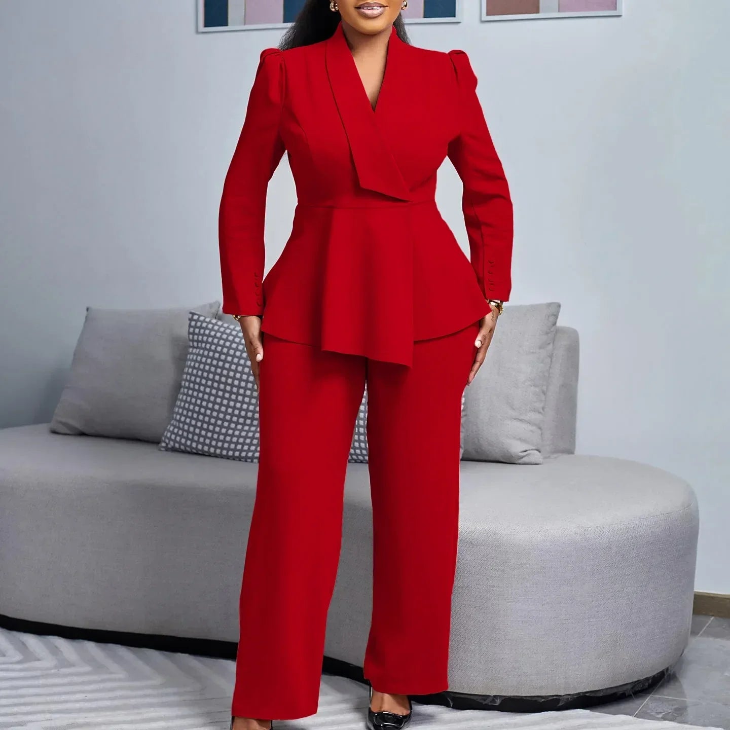 Womens Peplum Blazer and Wide-Leg Trousers Suit Set, Long