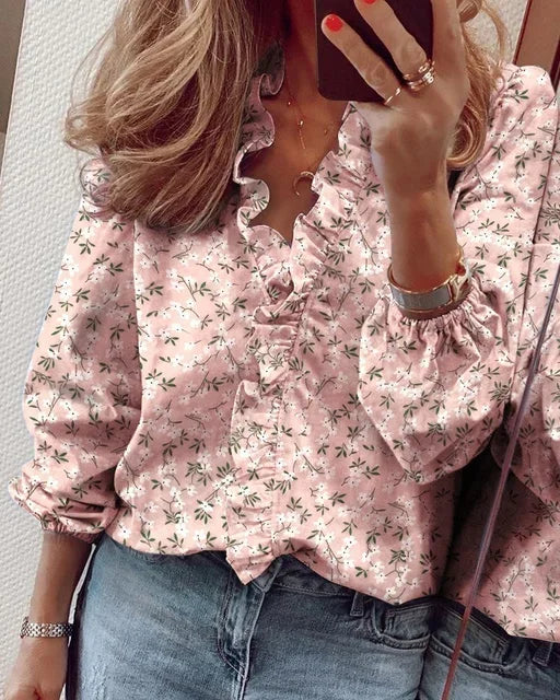 Women's Blouse with Ruffled Neckline and Pleated Balloon Sleeves