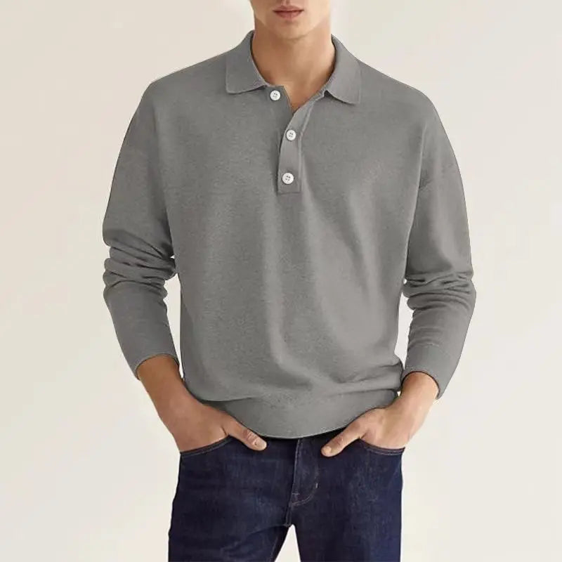 Men's Long Sleeve Polo Shirt with Soft Knit Fabric and Relaxed Fit, Machine Washable
