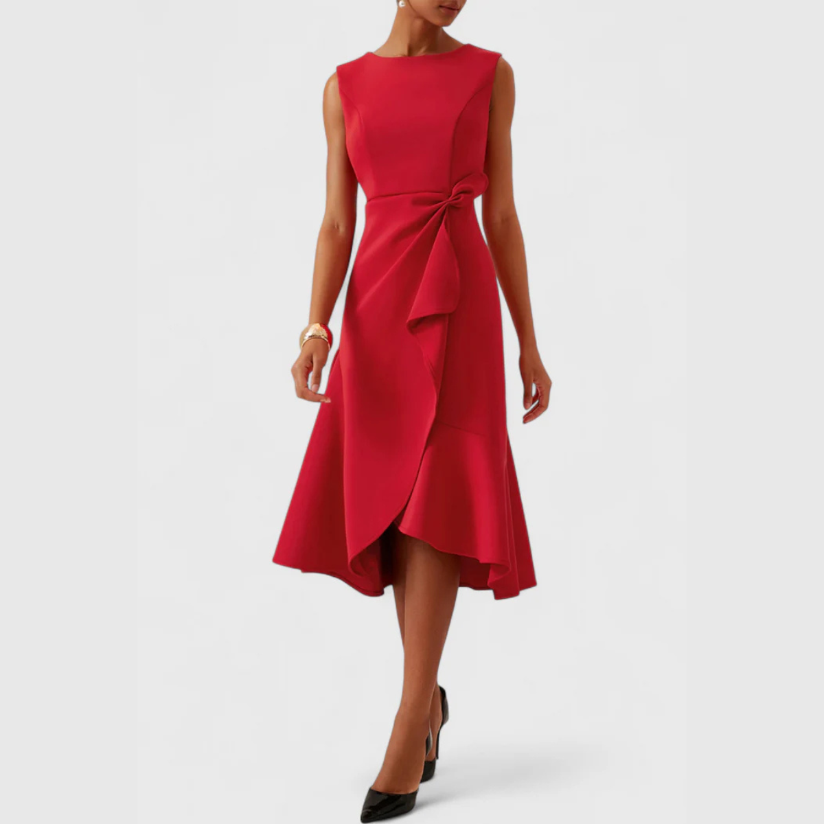 Asymmetric Midi Dress with Draped Detail and Sleeveless Cut, Lightweight Drapey Fabric