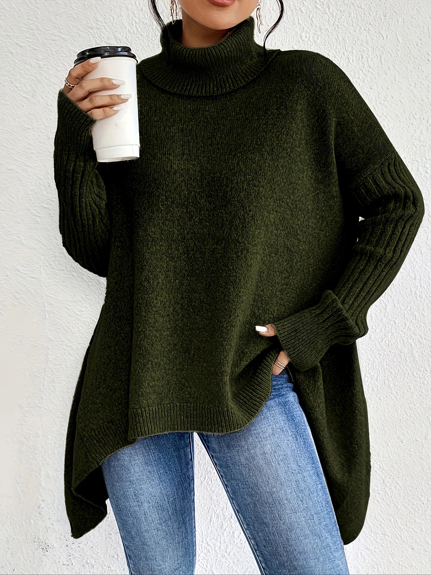 Cashmere Turtleneck Sweater with Oversized Relaxed Fit and Longline Hem, Soft Blend