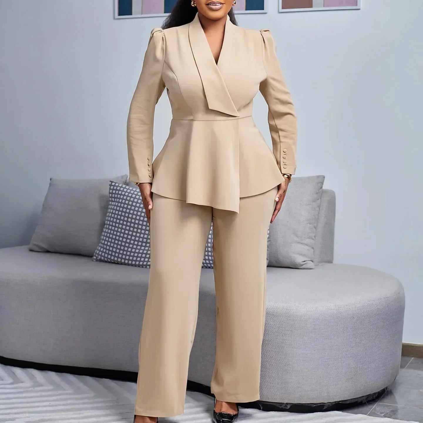 Womens Peplum Blazer and Wide-Leg Trousers Suit Set, Long