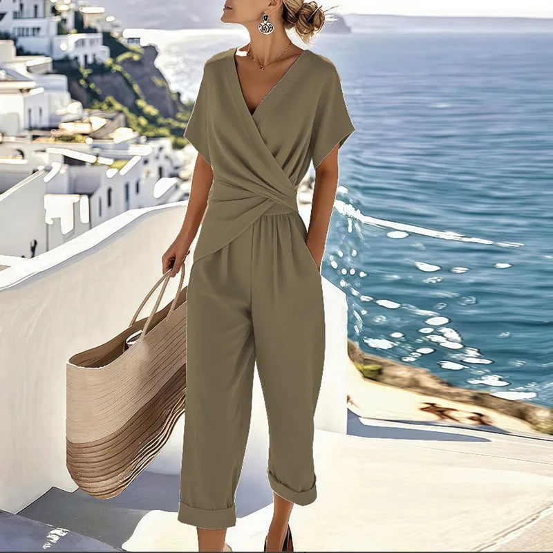 Wrap Front Two-Piece Set with Adjustable Tie and Cropped Trousers, Lightweight Fabric