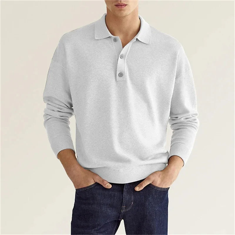 Men's Long Sleeve Polo Shirt with Soft Knit Fabric and Relaxed Fit, Machine Washable