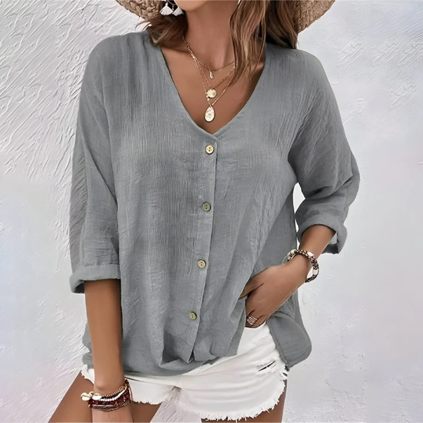 Women's Button-Up Blouse with V-Neck and Roll Sleeves, Lightweight Woven Fabric