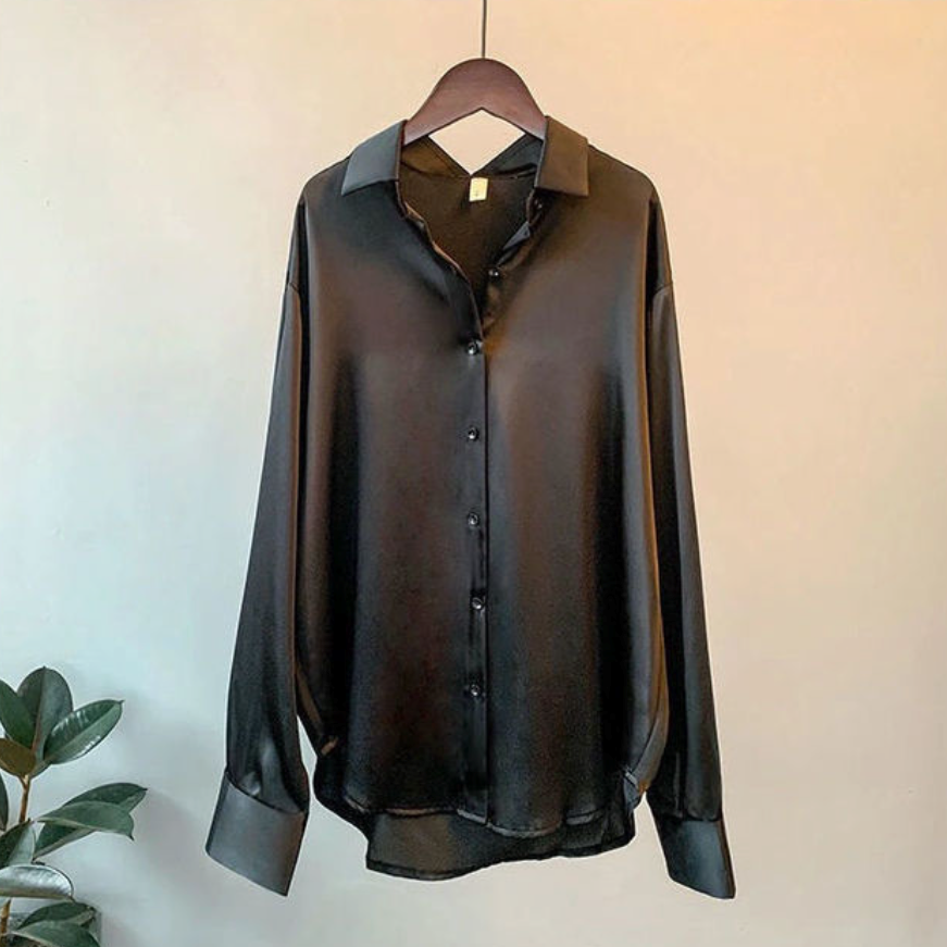 Satin Blouse with Loose Relaxed Fit and Button-Front, Machine Washable