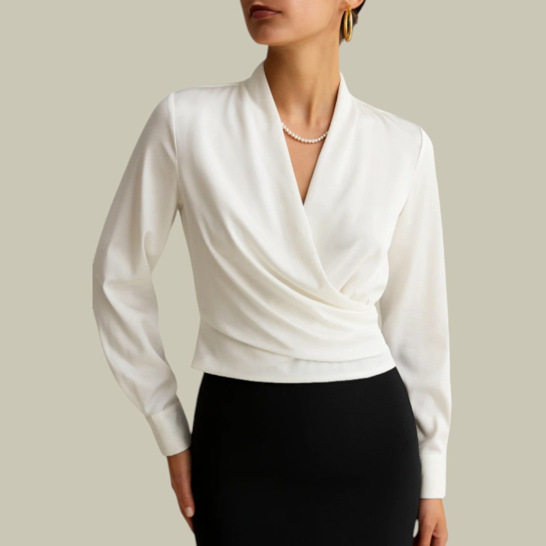 Women's V-Neck Wrap Satin Blouse with Structured Waistband and Long Sleeves