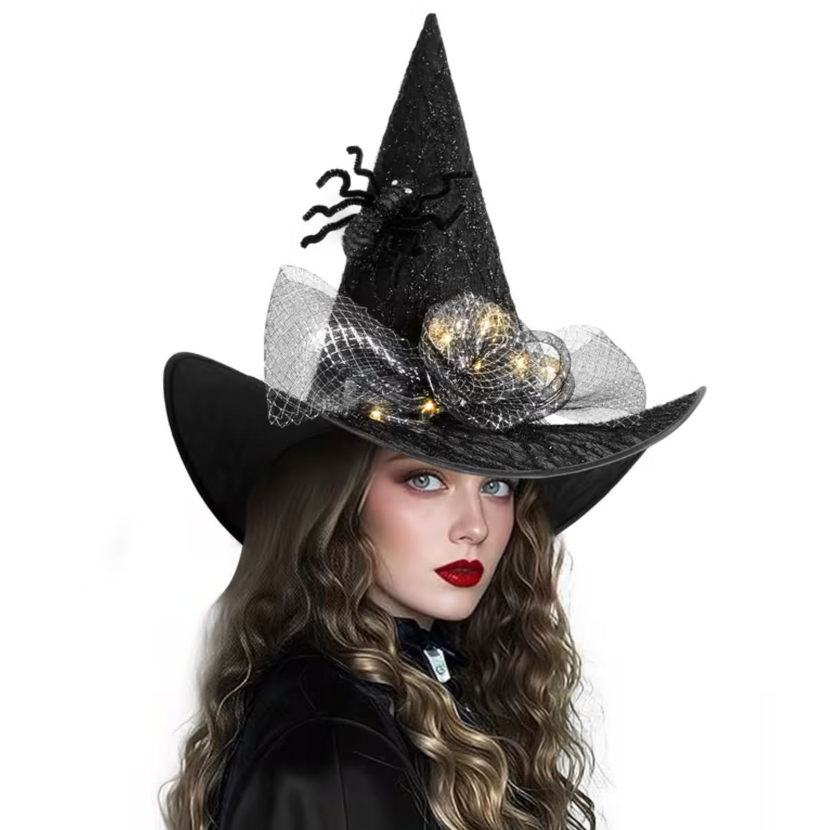 LED Witch Hat with Spider Web and Rose Accents for Halloween