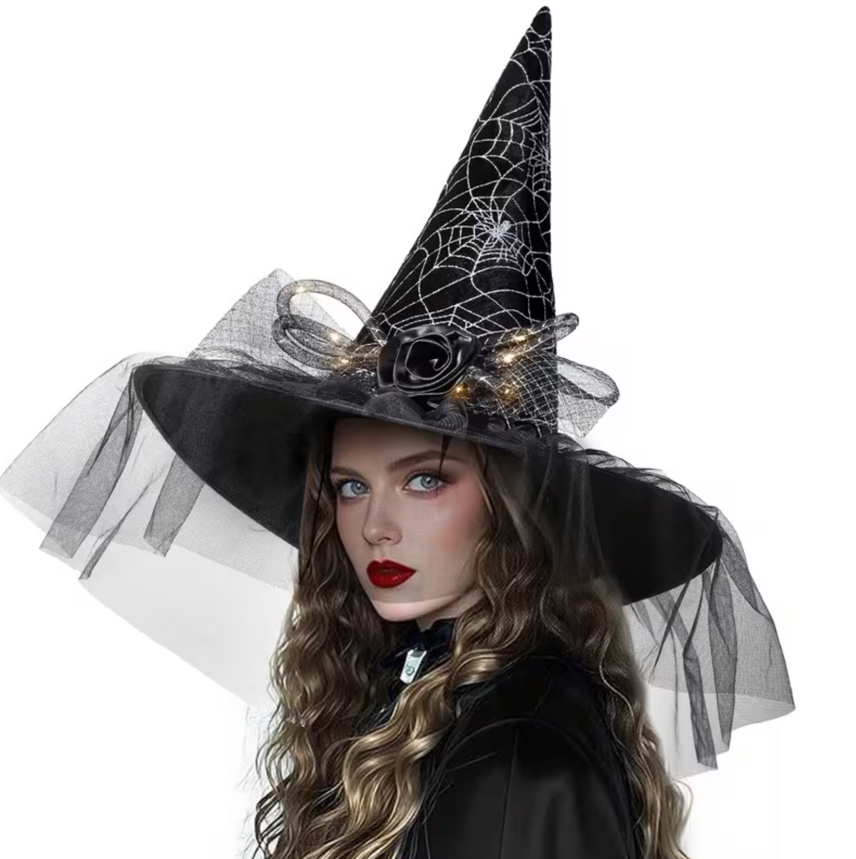 LED Witch Hat with Spider Web and Rose Accents for Halloween