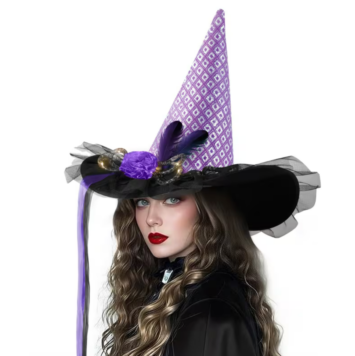 LED Witch Hat with Spider Web and Rose Accents for Halloween