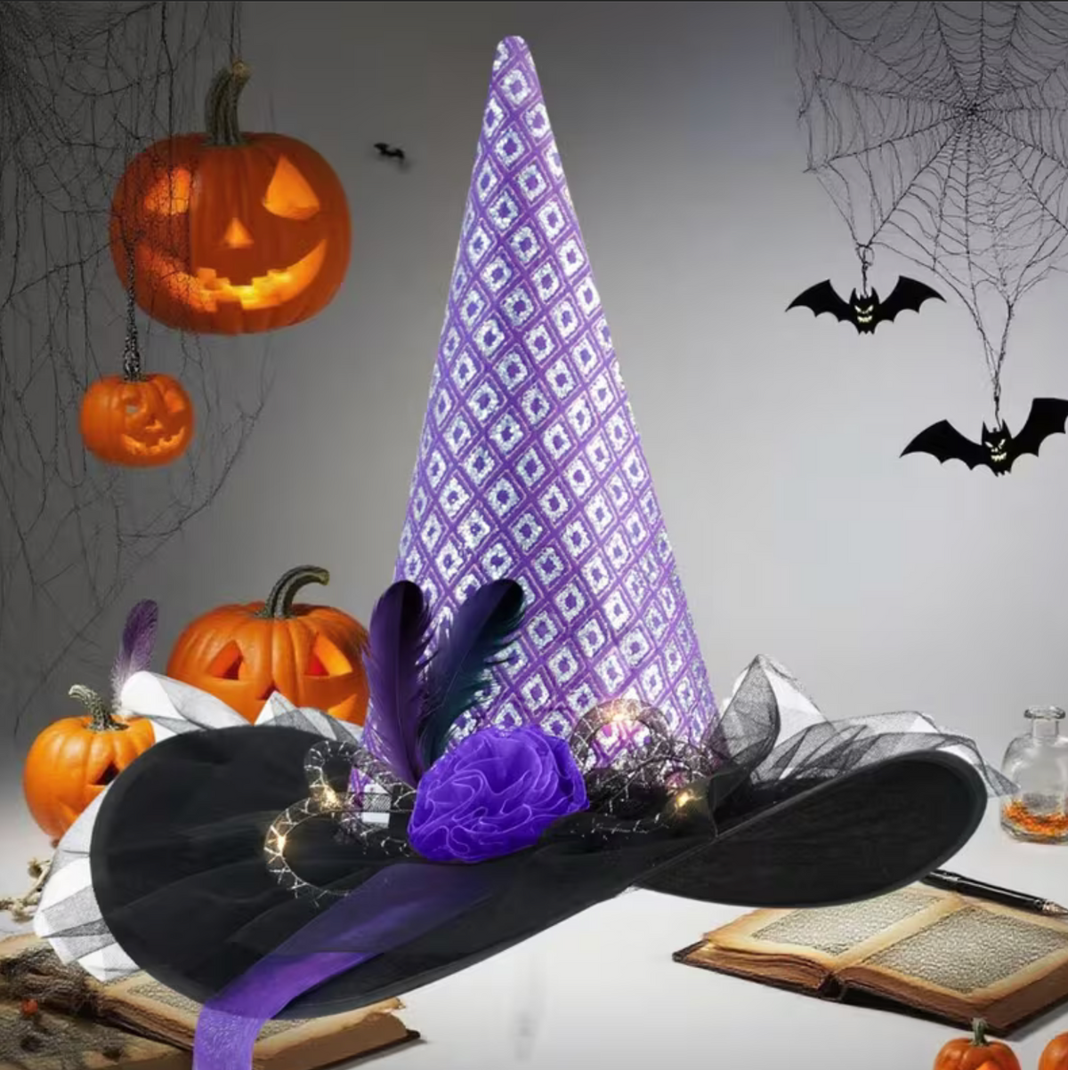 LED Witch Hat with Spider Web and Rose Accents for Halloween