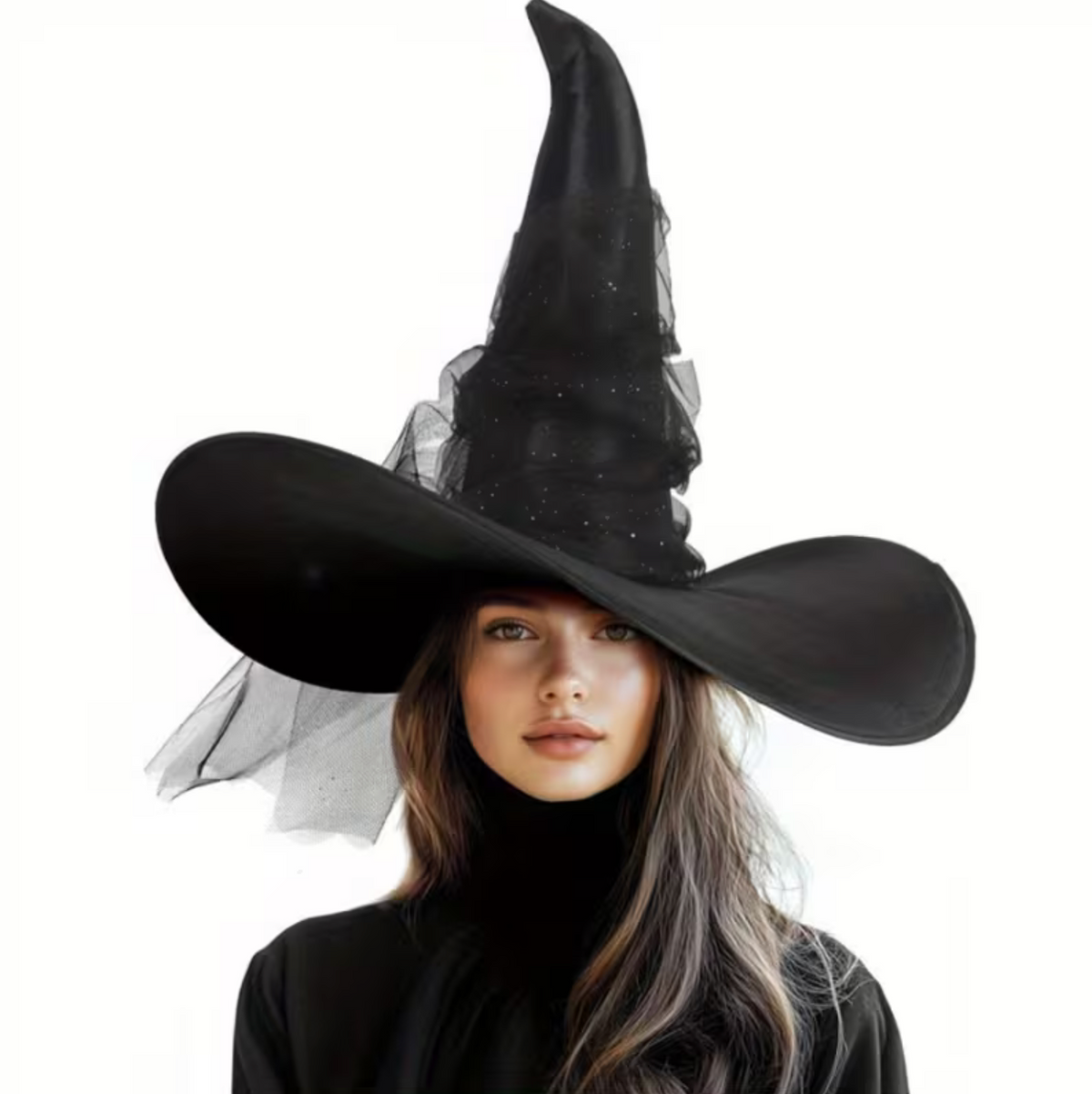 Pointed Witch Hat with Glitter Star Veil and Wide Brim