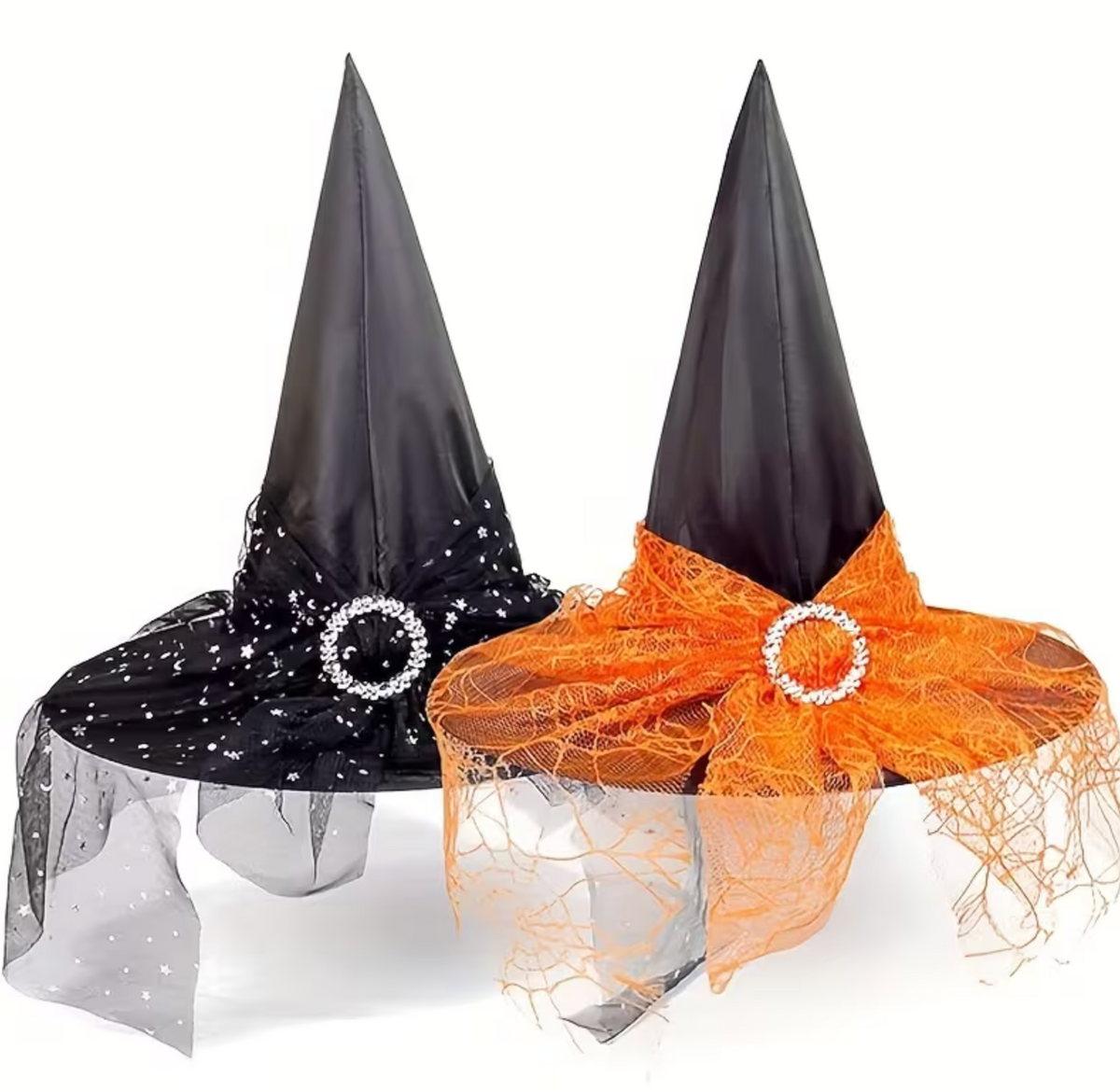 Witch Hat Set with Layered Tulle and Lace Trim, Black and Orange