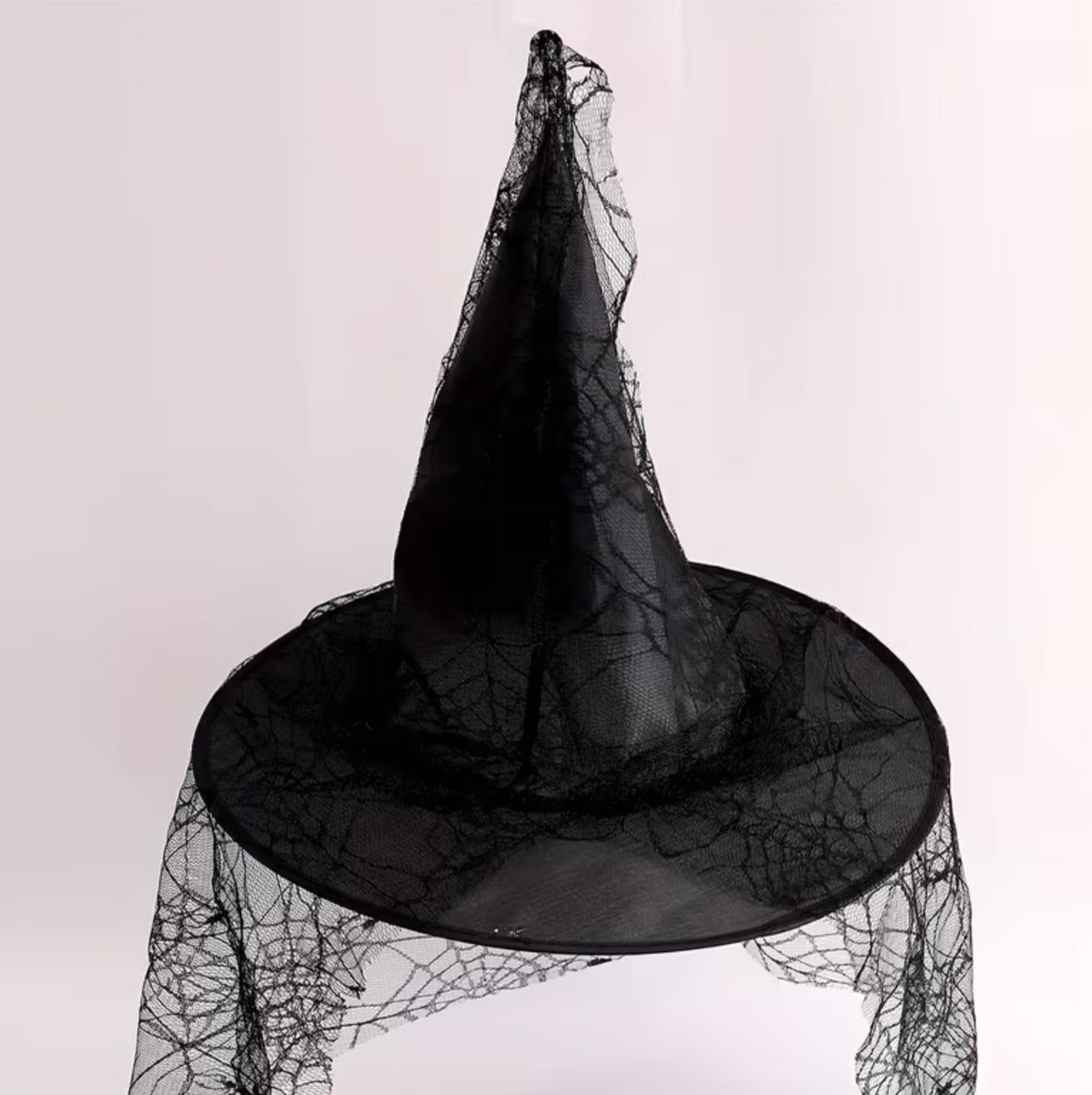 Black Mesh Lace Witch Hat for Adults with Pointed Cone Design