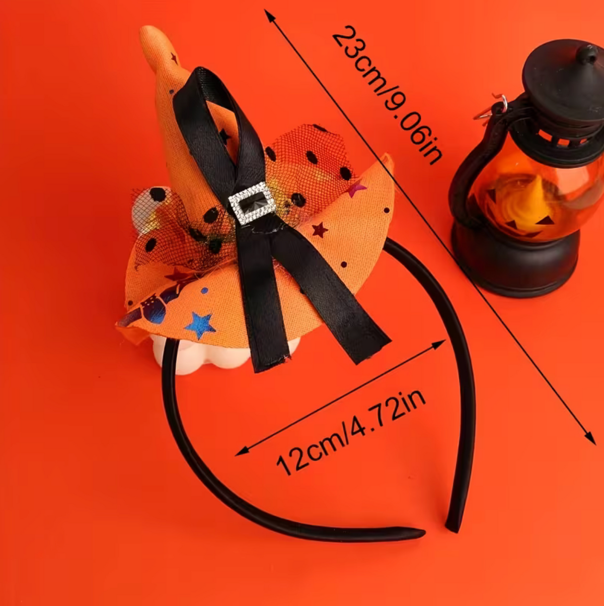 Orange Witch Hat Headband with Lace Trim and Spider Web Accents