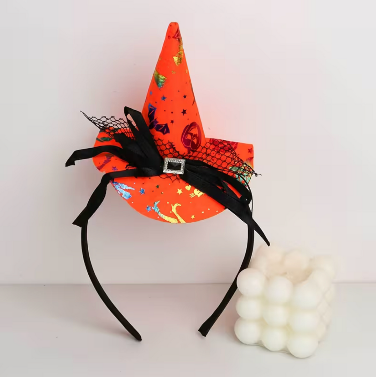 Orange Witch Hat Headband with Lace Trim and Spider Web Accents