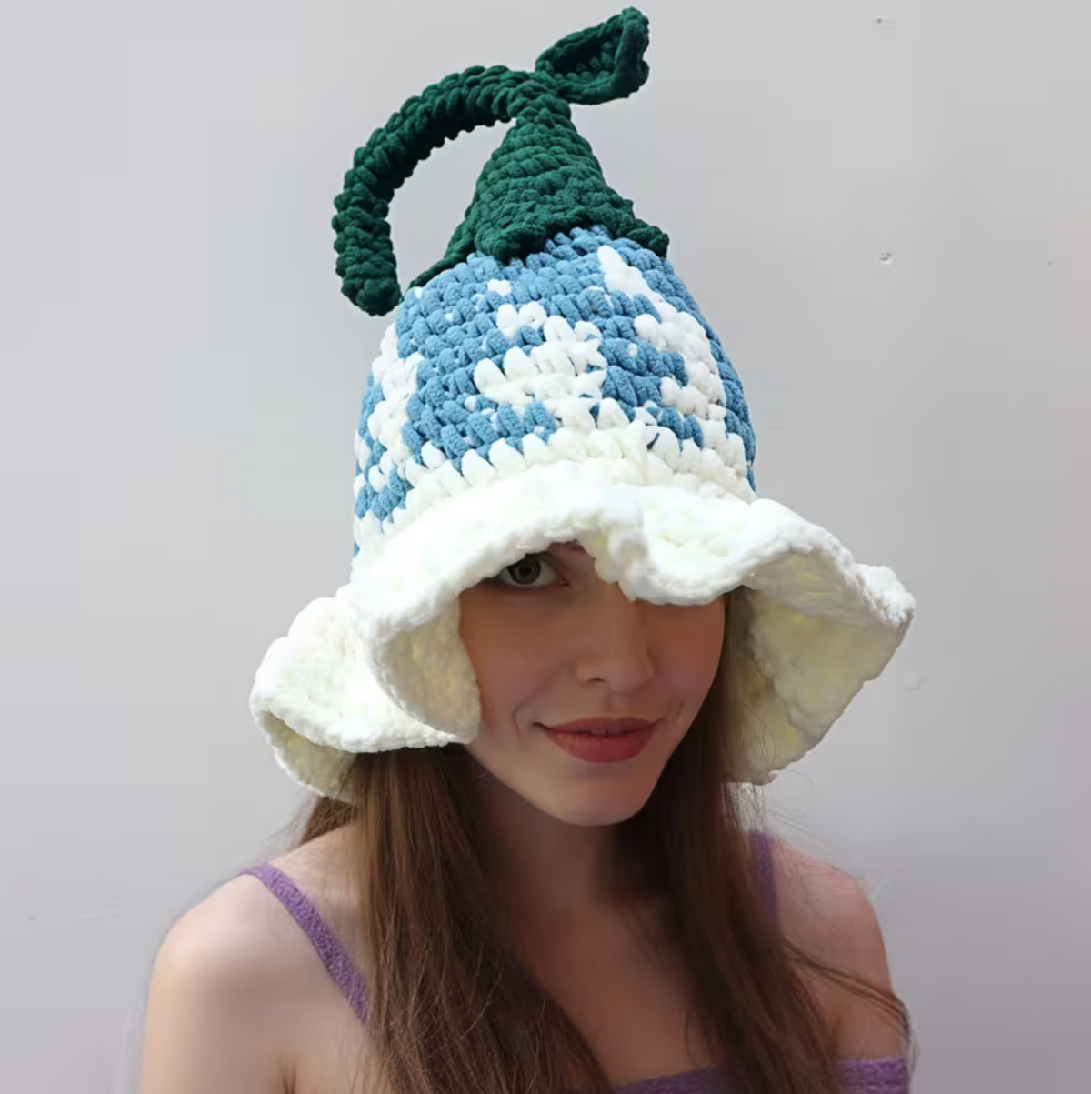 Pointed Wizard Hat with Hand Crocheted Floral Design for Women