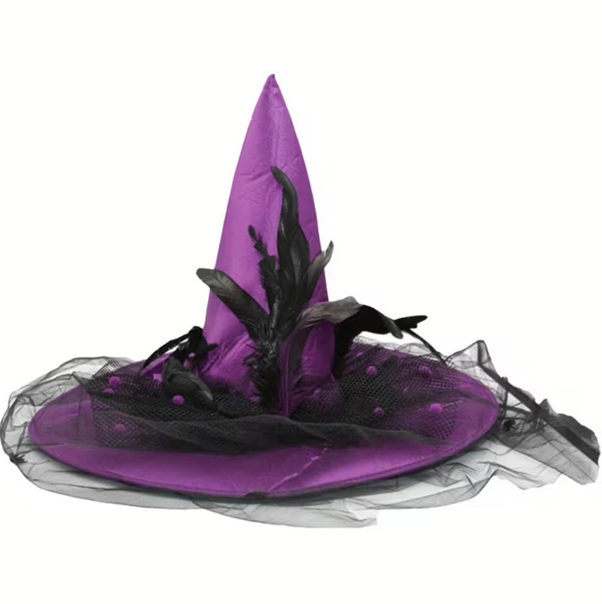 Pointed Witch Hat with Transparent Veil and Adjustable Interior Band