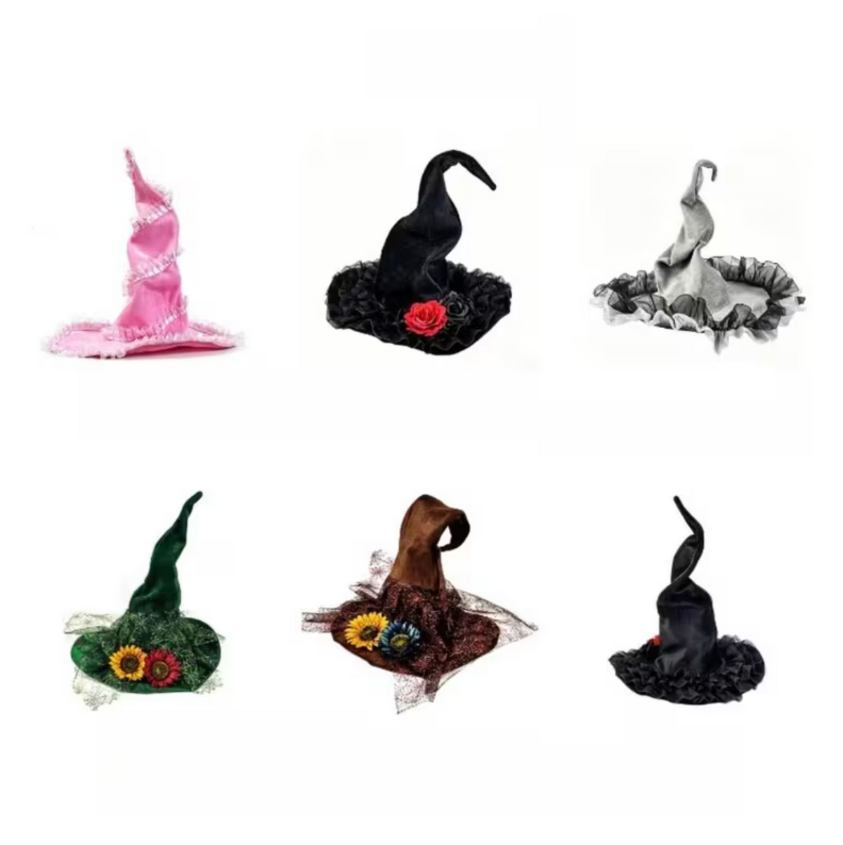 Adult Witch Hat with Curved Brim and Decorative Trim, Six Colors