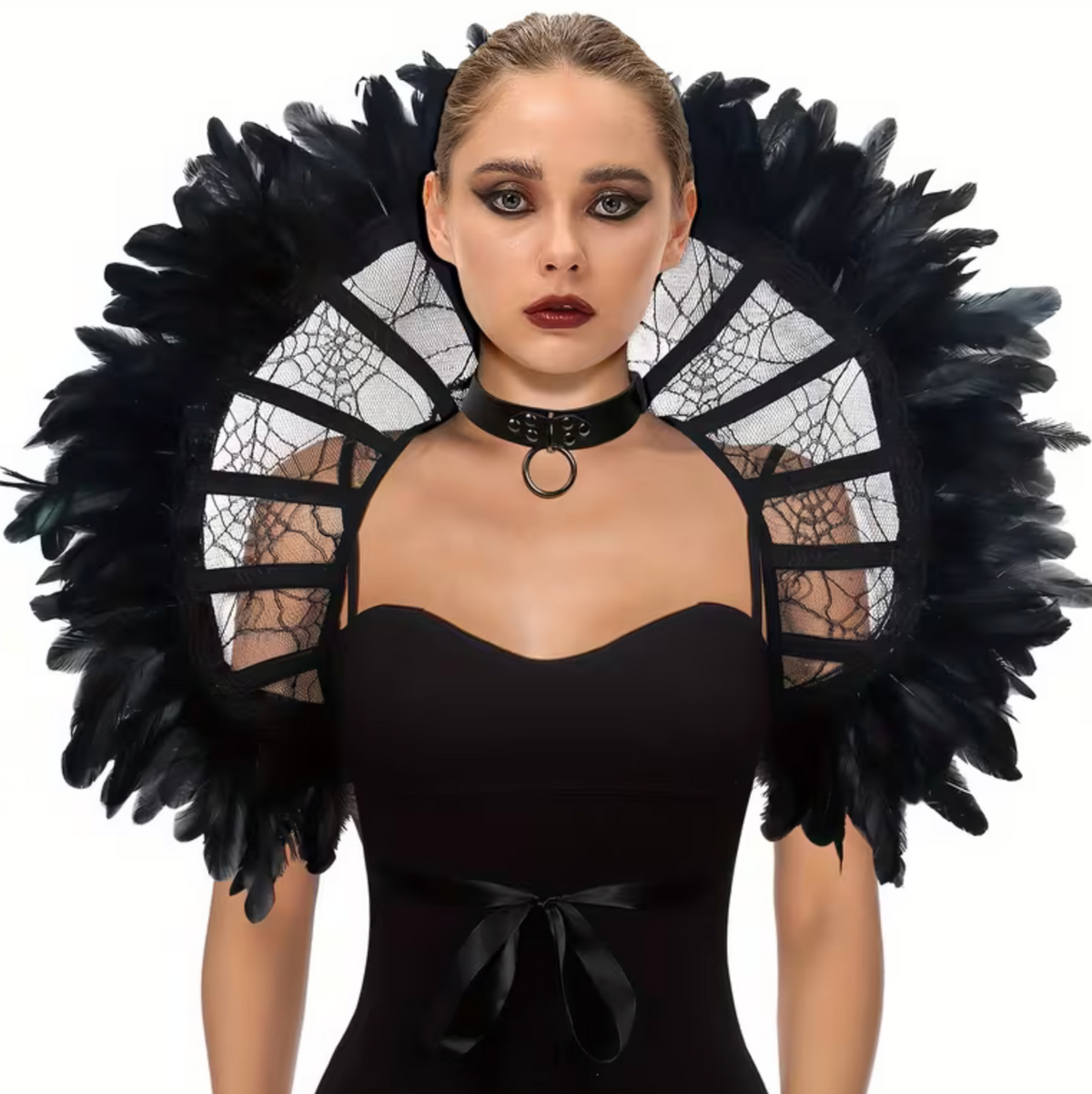 Black Lace Shoulder Cape with Bone and Feather Trim for Gothic Costumes