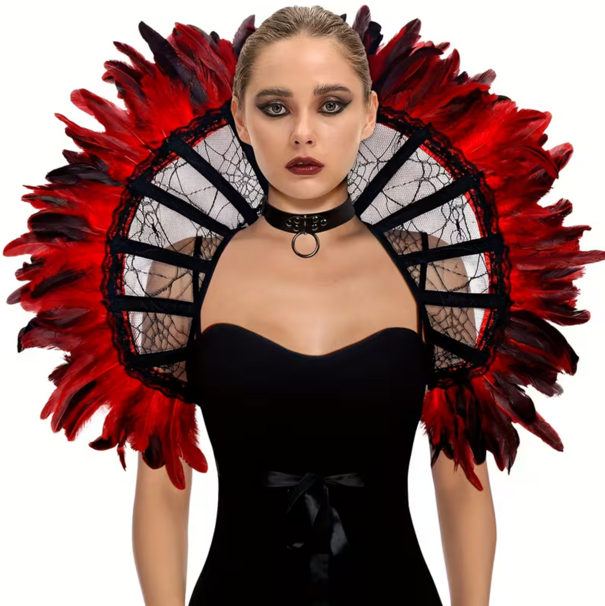 Black Lace Shoulder Cape with Bone and Feather Trim for Gothic Costumes