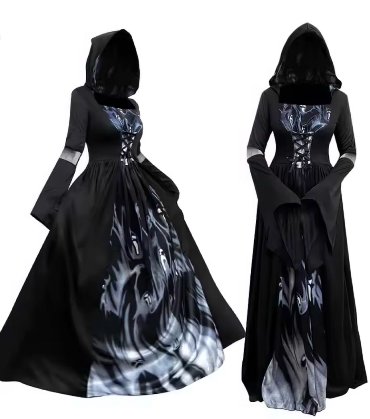 Gothic Witch Dress with Bell Sleeves and Ankle Length Skirt