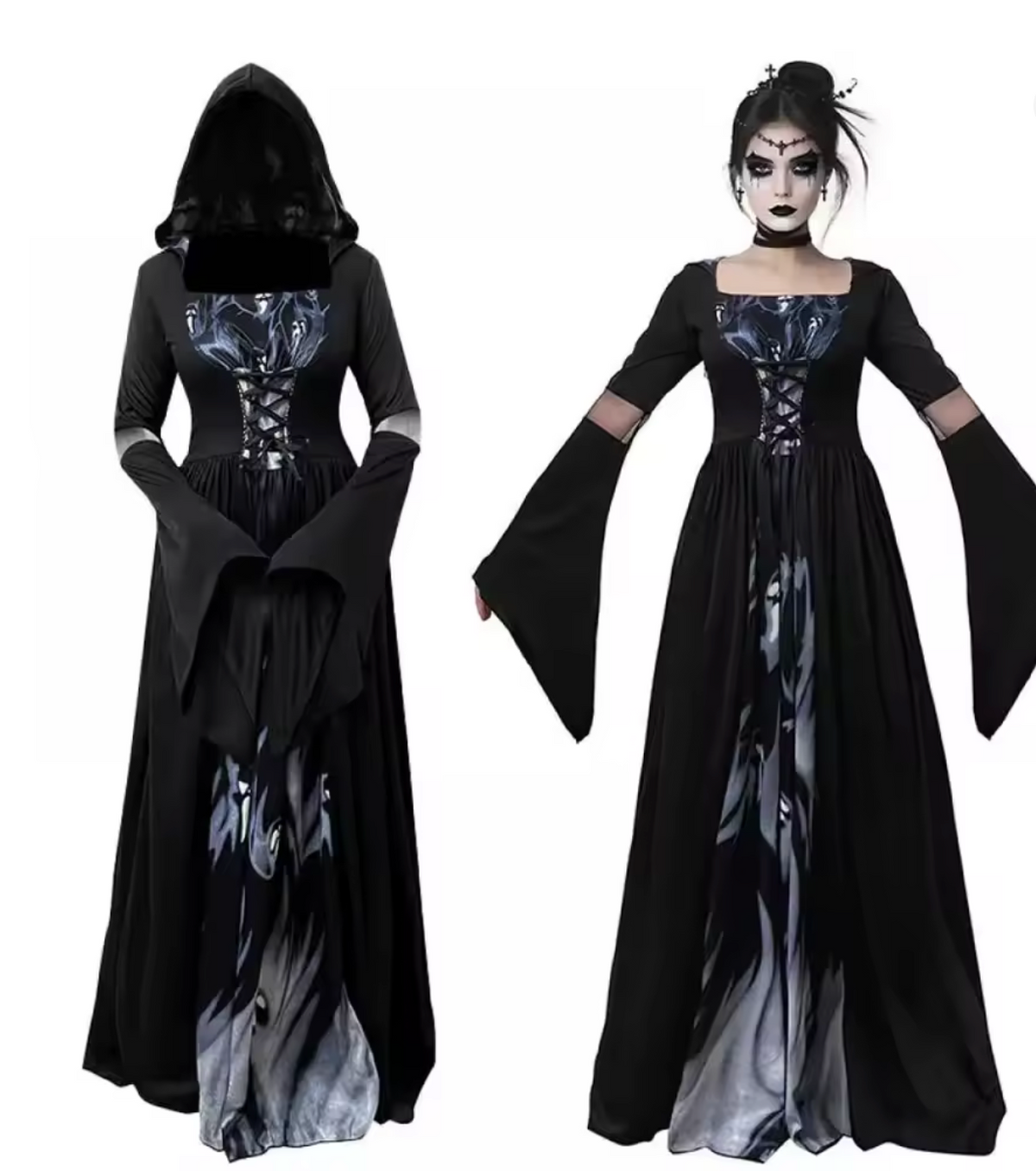 Gothic Witch Dress with Bell Sleeves and Ankle Length Skirt