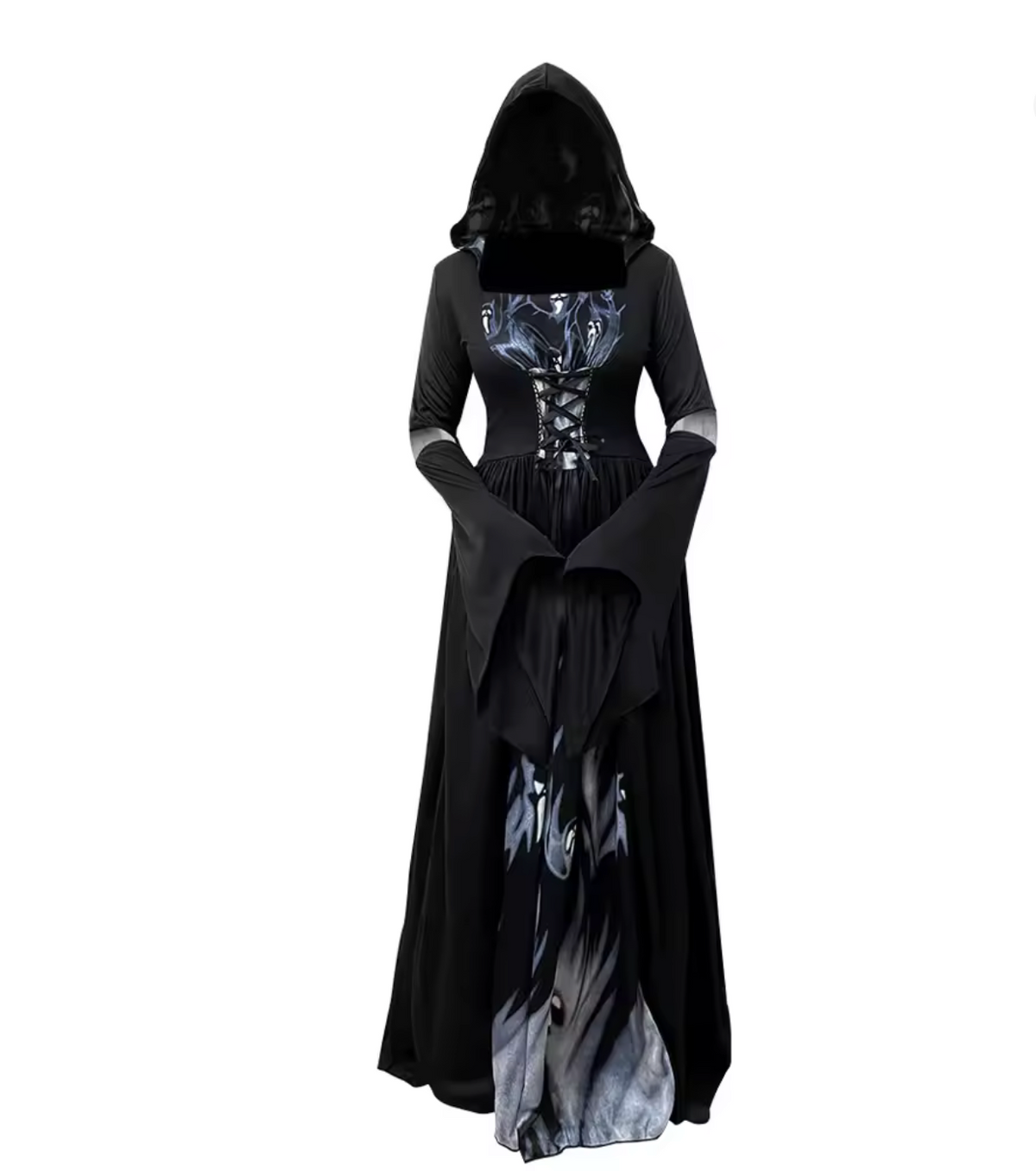 Gothic Witch Dress with Bell Sleeves and Ankle Length Skirt
