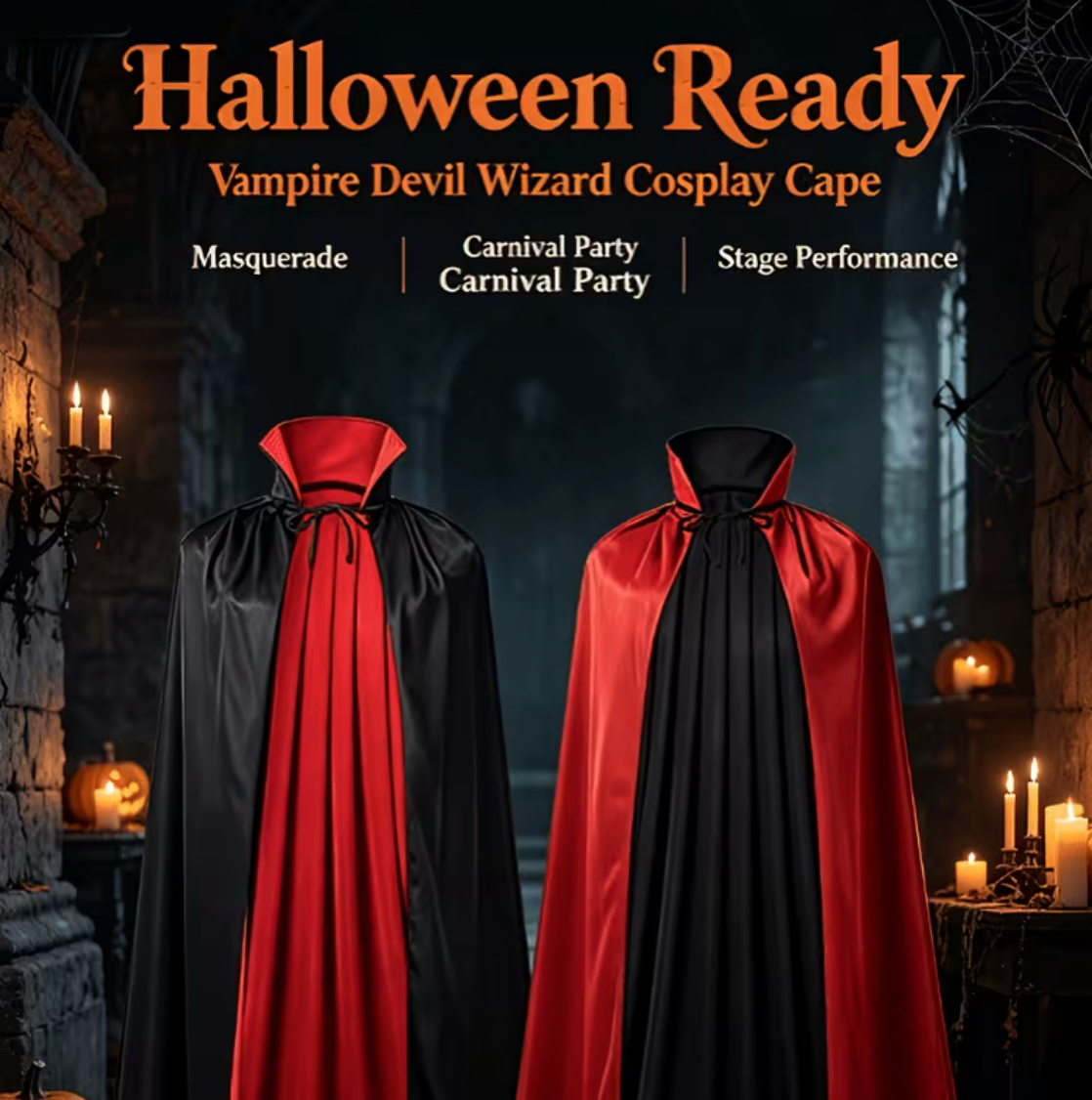 Reversible Gothic Cloak with Stand Collar and Adjustable Front Lacing