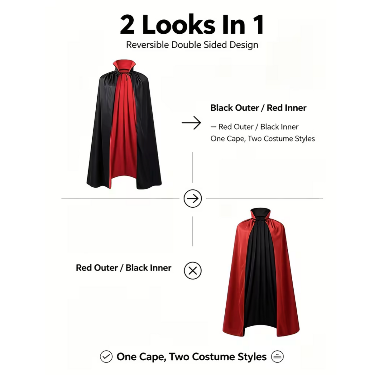 Reversible Gothic Cloak with Stand Collar and Adjustable Front Lacing