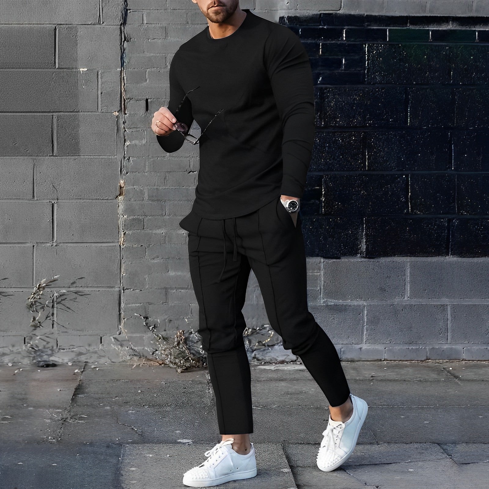 Men's Two-Piece Loungewear Set with Long-Sleeve Top and Jogger Pants, Relaxed Fit