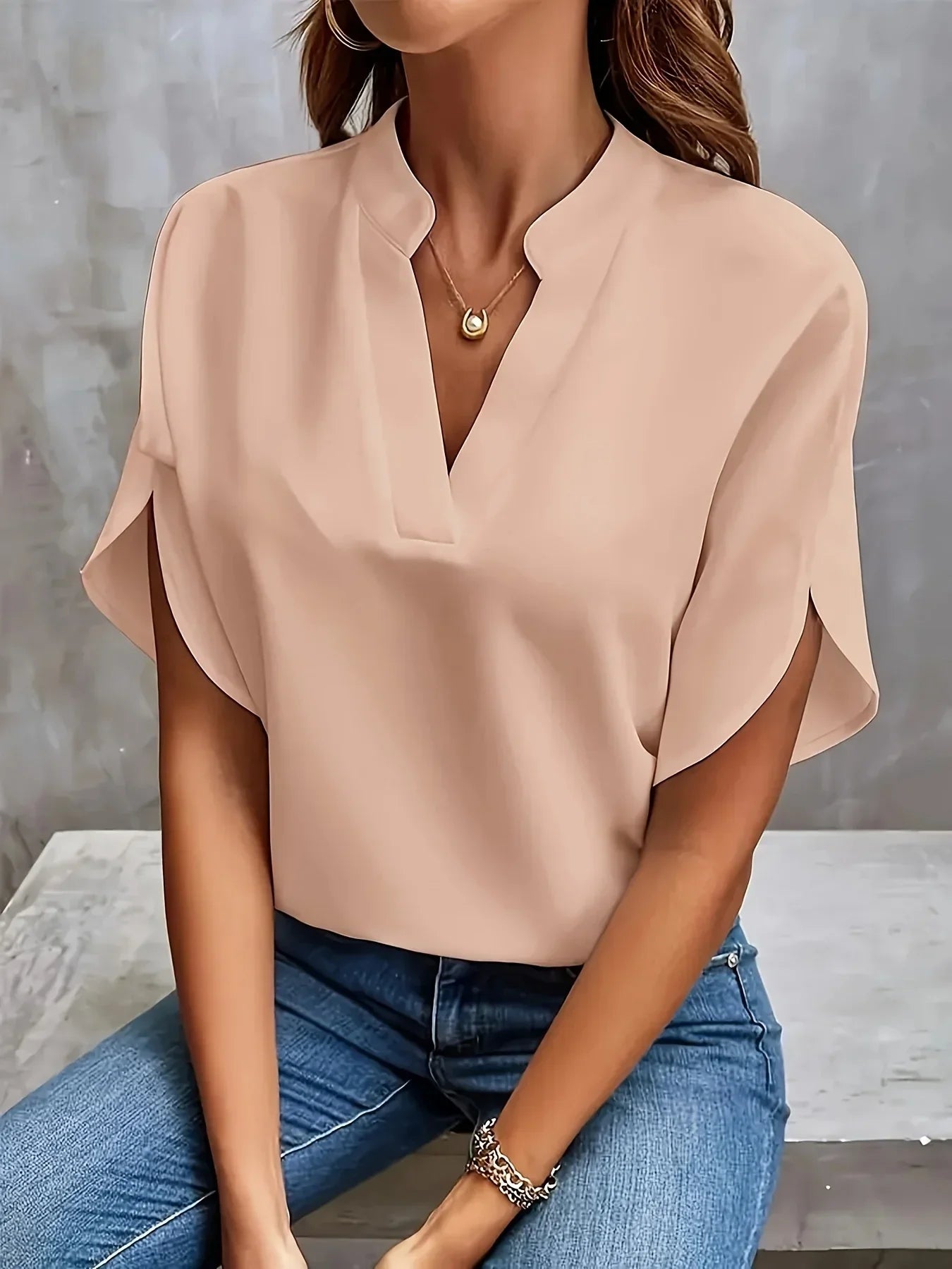 Women's Breathable Blouse with V-Neckline and Cap Sleeves