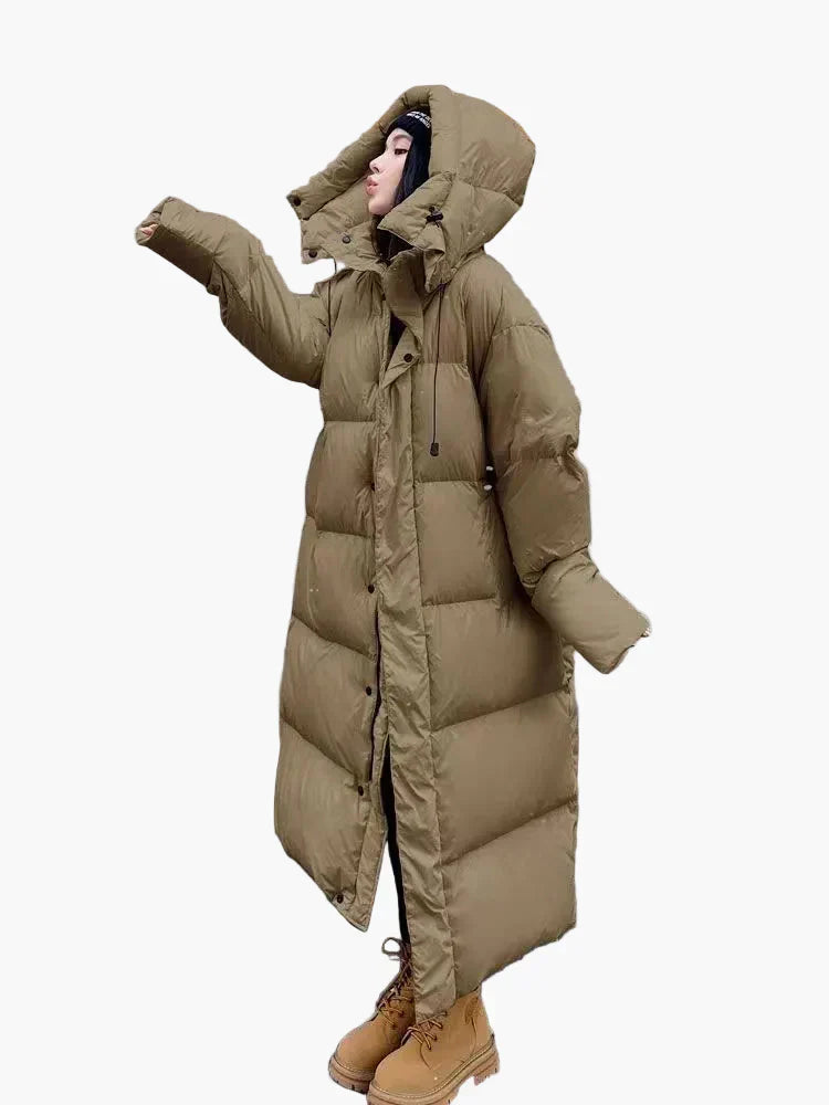 Long Quilted Puffer Coat for Women with Padded Hood and Side Pockets, Relaxed Fit