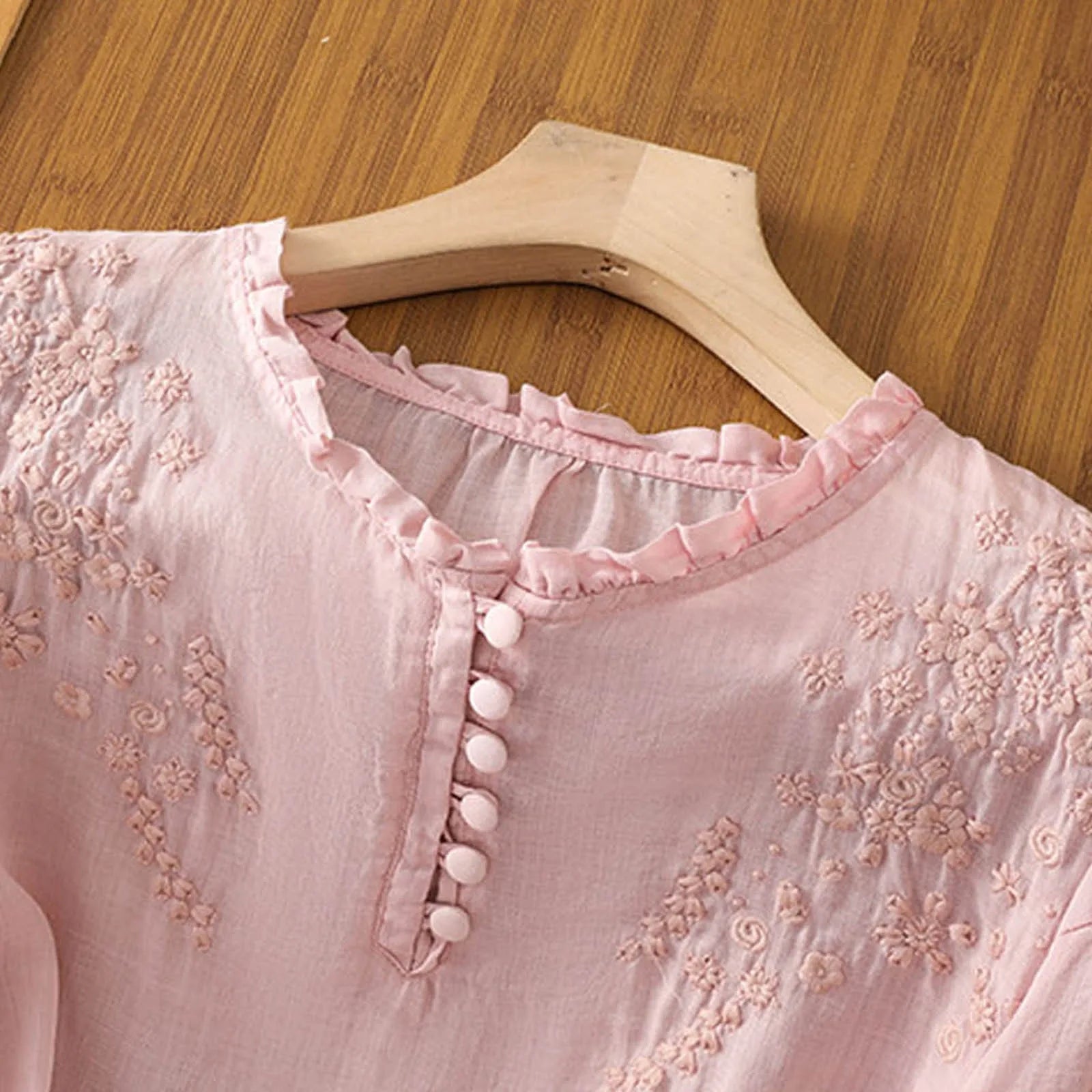 Button-Front Blouse with Embroidered Detail and Lightweight Woven Fabric