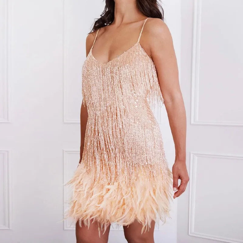 Cocktail Dress with Layered Feather Fringe and Sequin Sheen, Sculpted Stretch Fit