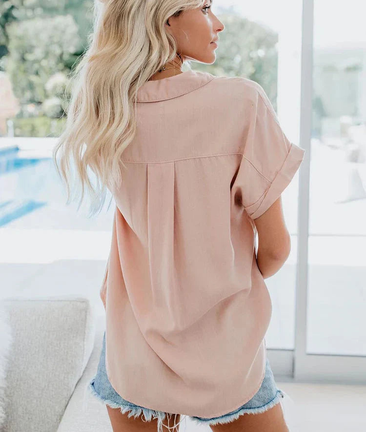 Women's Relaxed Fit Blouse with Button Front and Rolled Sleeve Detail