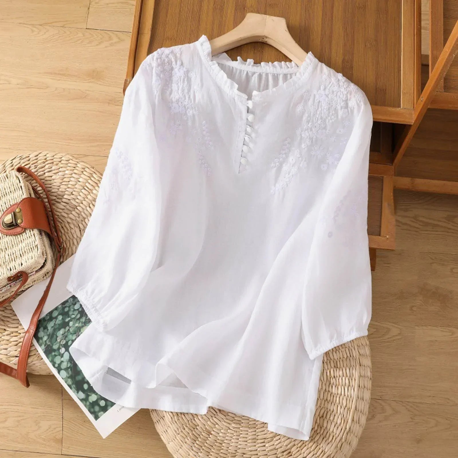 Button-Front Blouse with Embroidered Detail and Lightweight Woven Fabric