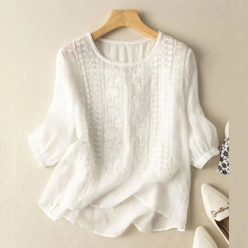 Embroidered Blouse with Relaxed Fit and Classic Collar, Long Sleeves