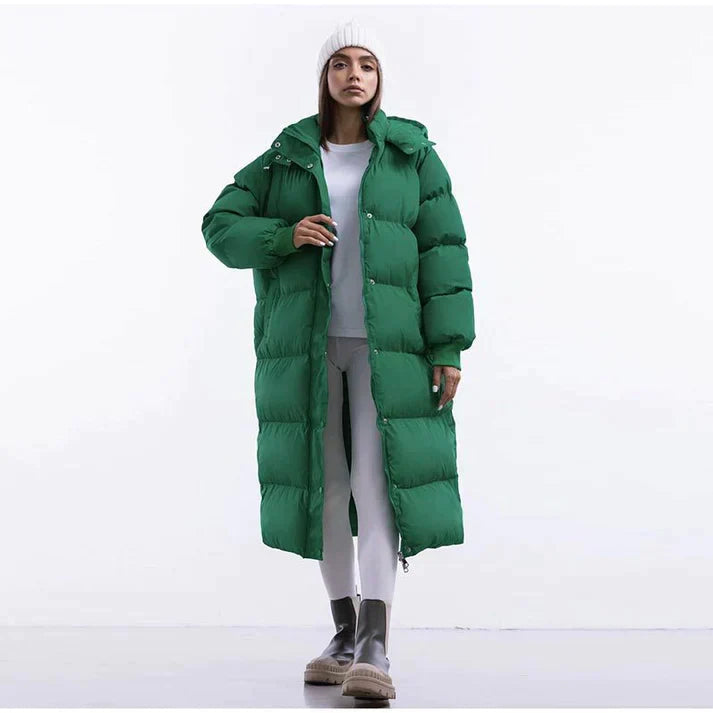 Women's Quilted Puffer Coat with Adjustable Hood and Side Pockets