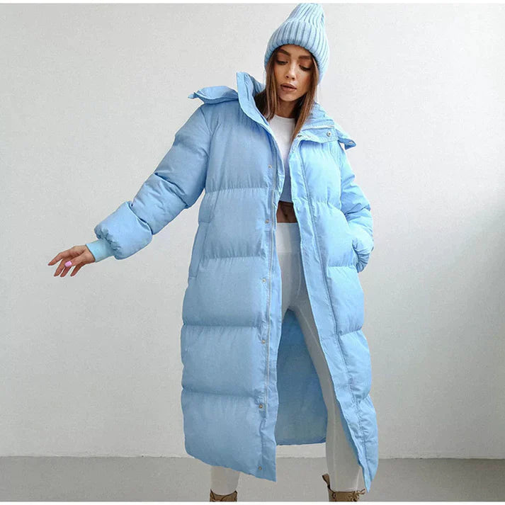 Women's Quilted Puffer Coat with Adjustable Hood and Side Pockets