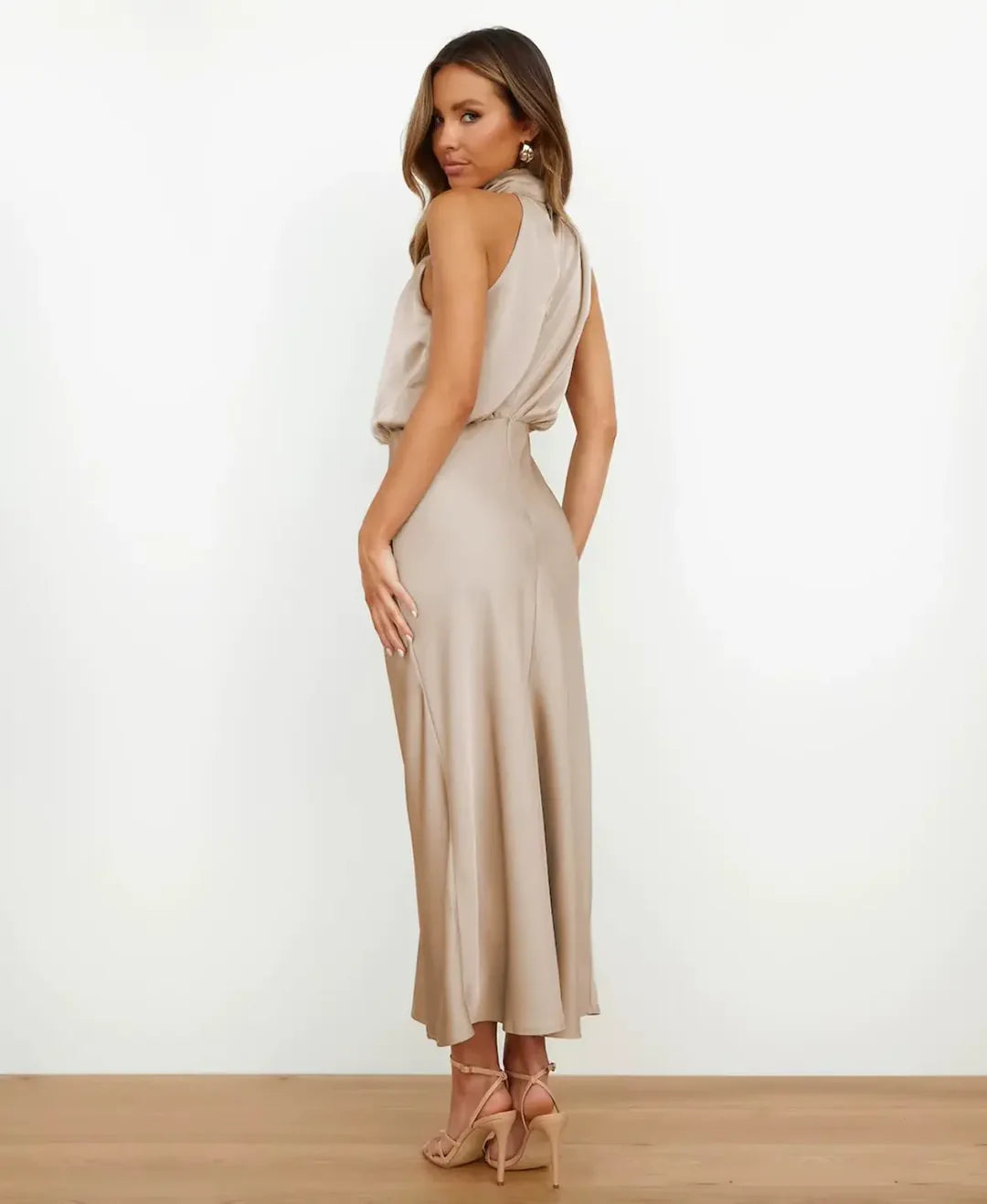Sleeveless Midi Dress with High Neck and Defined Waist, Cotton Blend