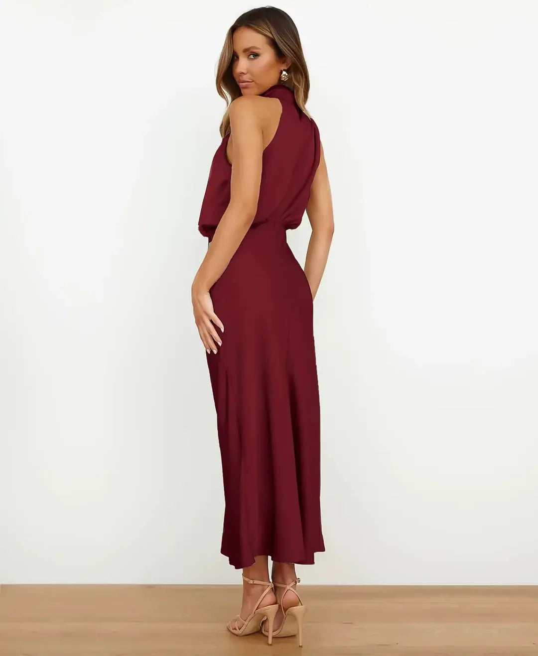 Sleeveless Midi Dress with High Neck and Defined Waist, Cotton Blend