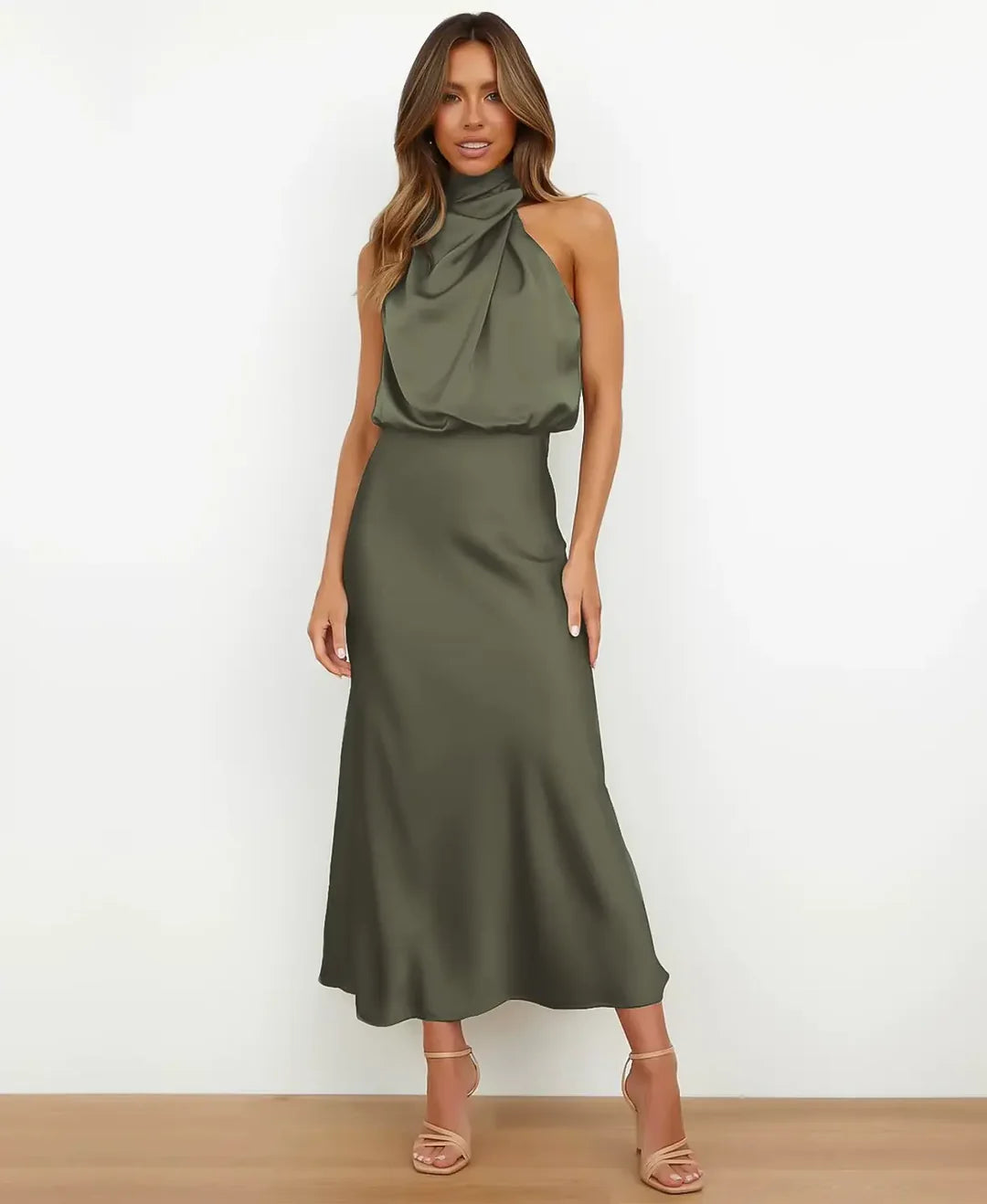 Sleeveless Midi Dress with High Neck and Defined Waist, Cotton Blend