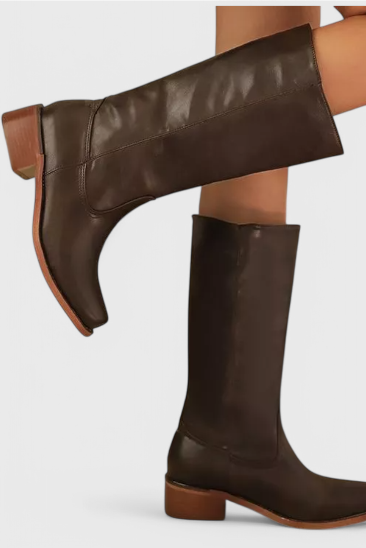 Women's Knee-High Leather Boots with Cushioned Insole and Stacked Heel, Pull-On Fit