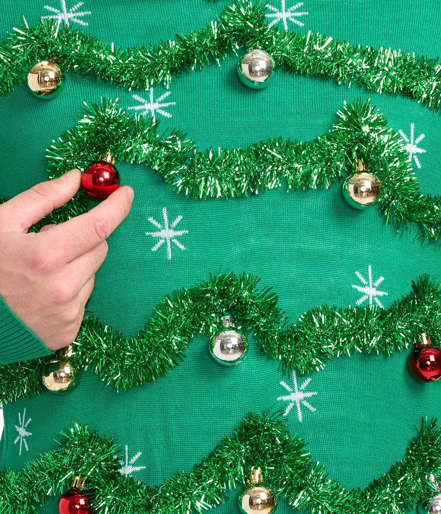 Pullover Christmas Sweater with Garland Design and Shiny Baubles